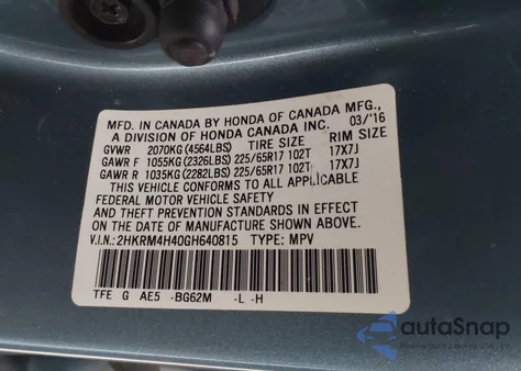 2016 Honda Cr-V Se from USA, damaged, VIN 2HKRM4H40GH640815